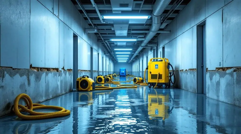 Commercial water extraction crew using industrial desiccant dehumidifiers inside a flooded Clive office building.