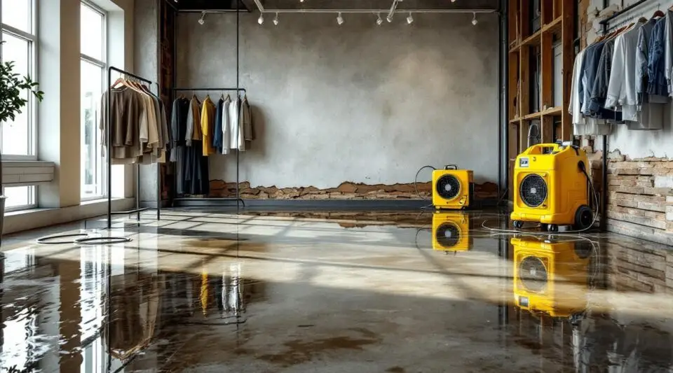 Commercial restoration technicians using industrial water extractors on retail showroom floors in Clive