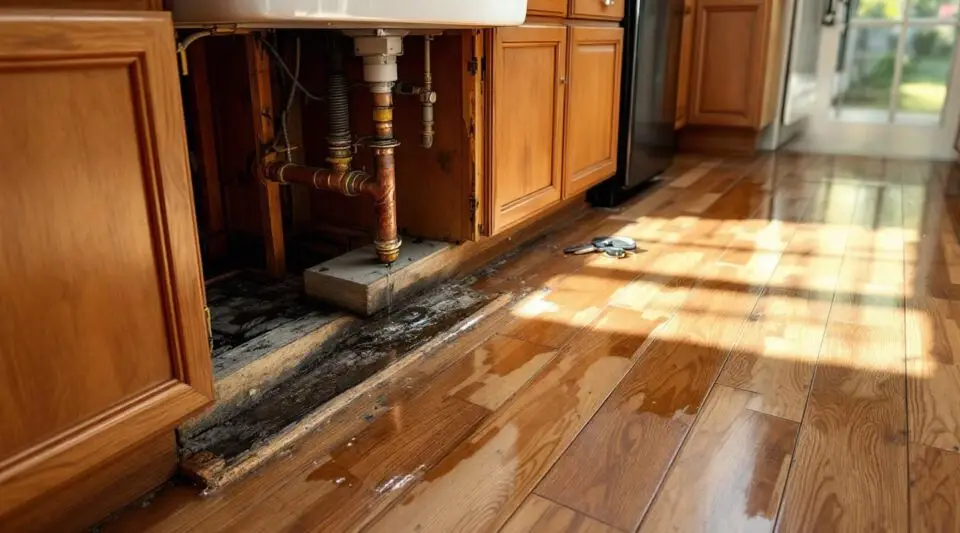 A technician drying water-damaged kitchen cabinets in Clive, using professional air movers under warm, focused light.
