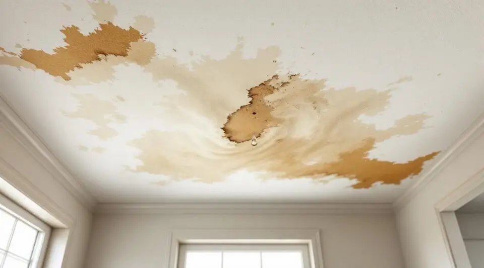 A technician using a moisture meter on a water-damaged drywall ceiling inside a Clive home, checking for hidden leaks.