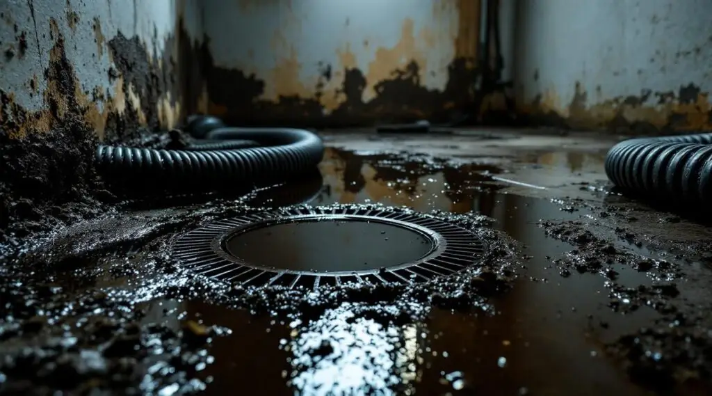 A restoration technician in protective gear extracting wastewater from a flooded basement floor in Clive, Iowa.