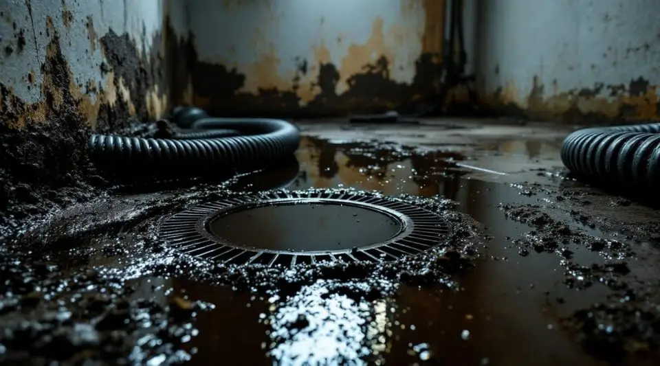A restoration technician in protective gear extracting wastewater from a flooded basement floor in Clive, Iowa.