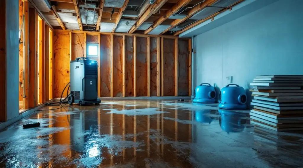 Greenbelt Restorations technician setting up structural drying equipment in a Clive basement after a residential flood.