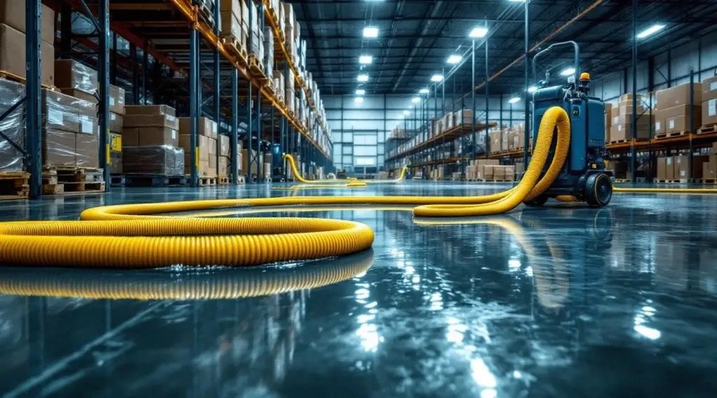 Industrial water extraction pumps and heavy-duty hoses clearing a flooded warehouse floor in Clive, Iowa.