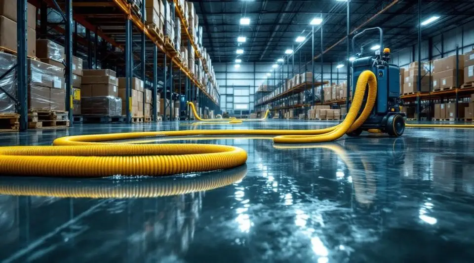 Industrial water extraction pumps and heavy-duty hoses clearing a flooded warehouse floor in Clive, Iowa.