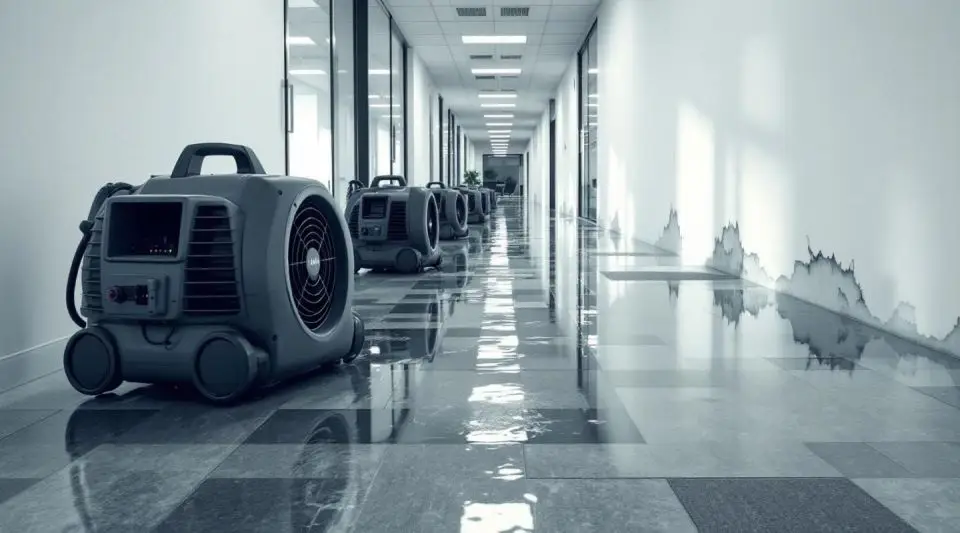 Commercial water restoration technicians setting up industrial desiccant dehumidifiers in a flooded Clive office lobby.