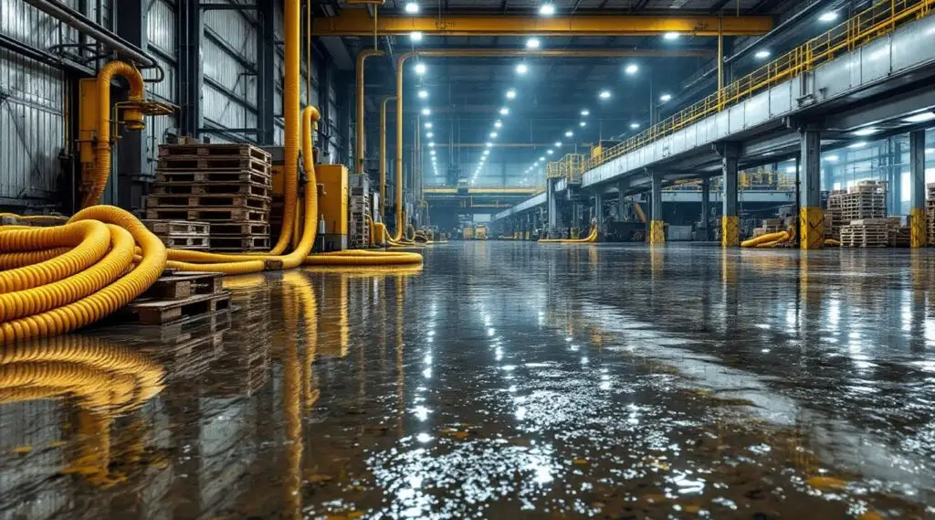 Commercial water extraction crew using heavy-duty truck-mounted pumps inside a flooded Clive warehouse facility.