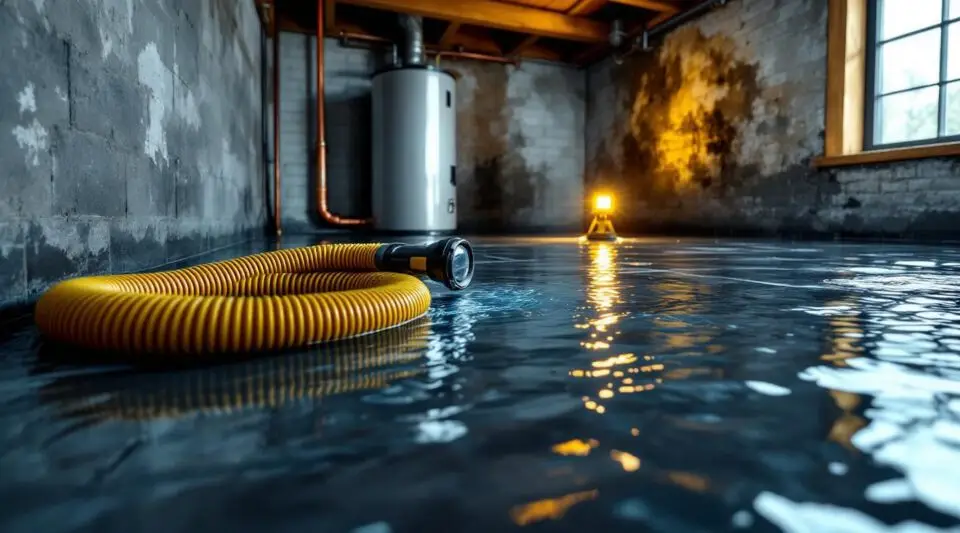 A technician using a professional water extraction vacuum on wet carpet in a Clive home basement with warm lighting.