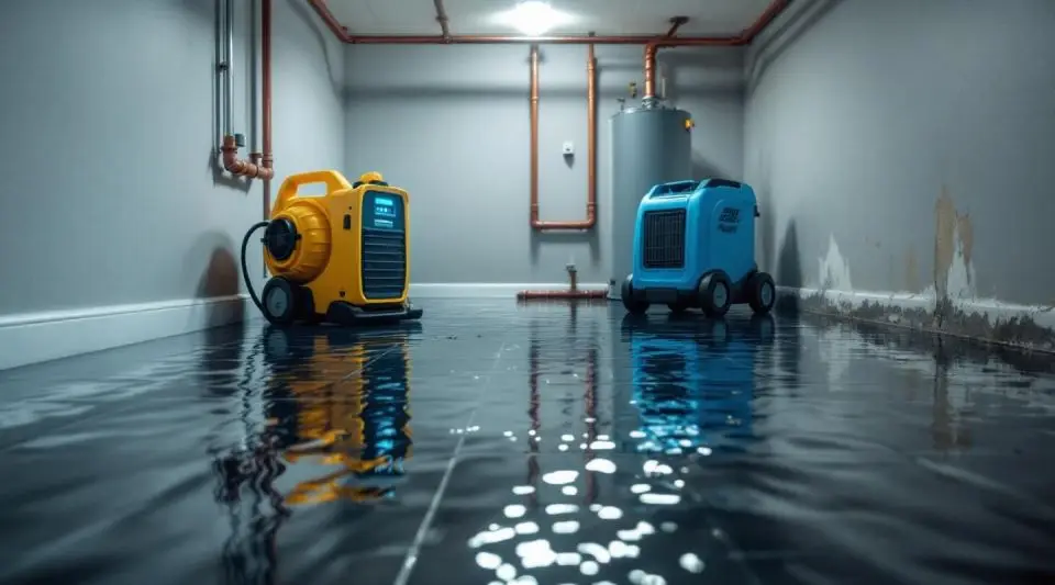A professional technician using a water extraction vacuum on a wet carpet in a Clive home basement during an emergency call.