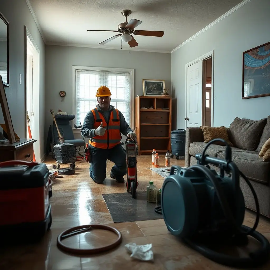 A certified technician using a moisture meter to check for drywall wicking in a Clive home.