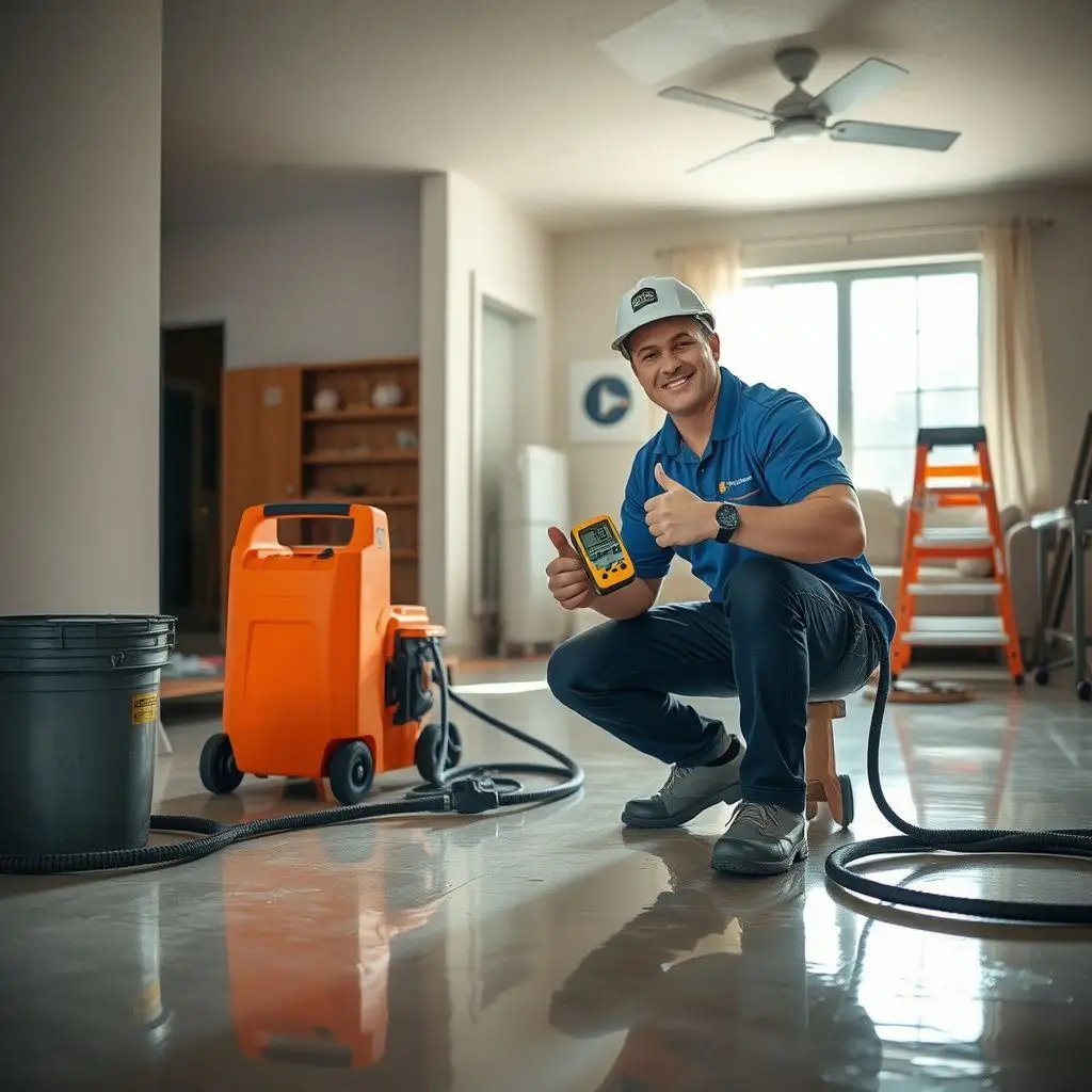 An industrial dehumidifier and air movers placed in a dry basement, showing professional structural drying equipment.