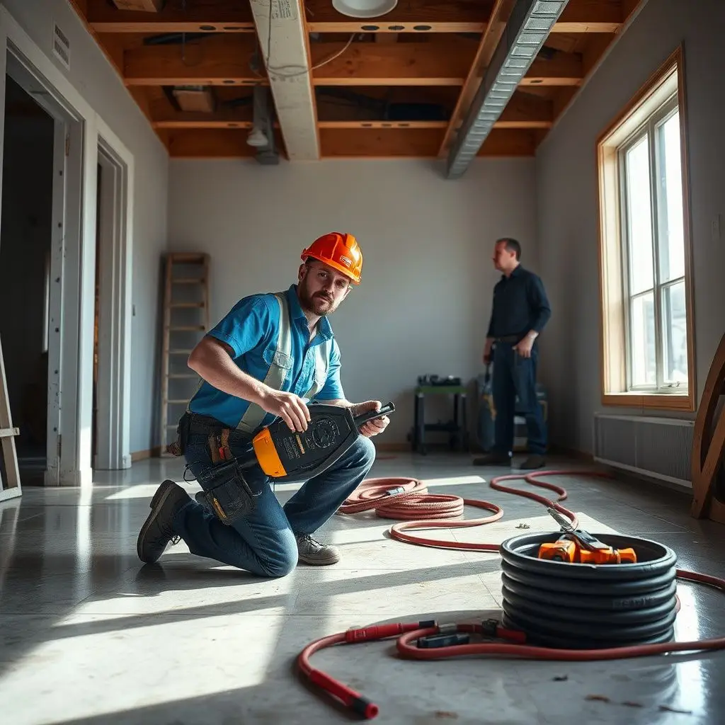 A technician using a digital moisture meter to test a drywall surface in a Grimes home after water mitigation.
