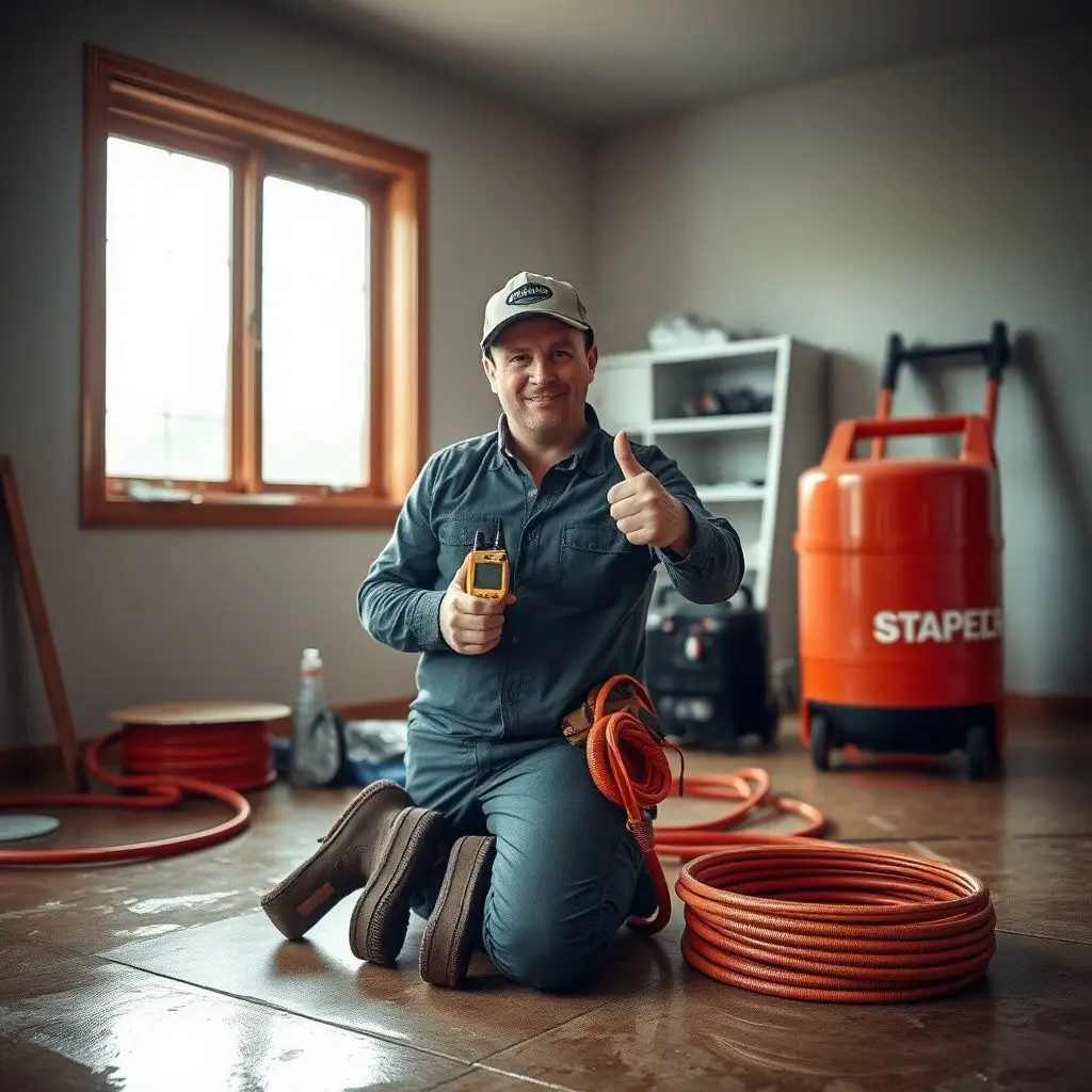 An IICRC-certified restoration technician using a moisture meter to check for hidden dampness behind a basement wall.